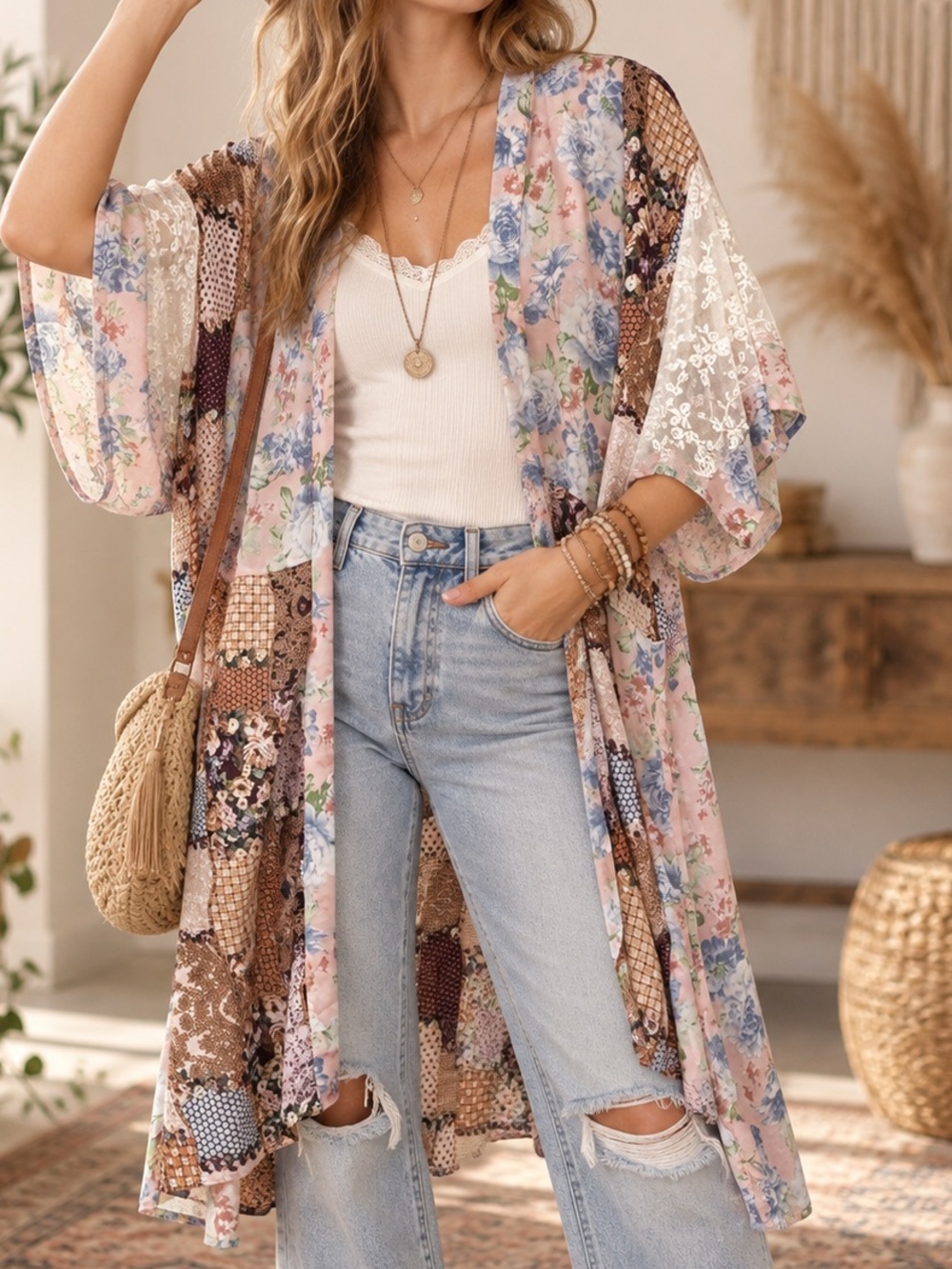 GiGiO USA Patchwork Floral Lace Kimono Duster Boho Cottagecore Large